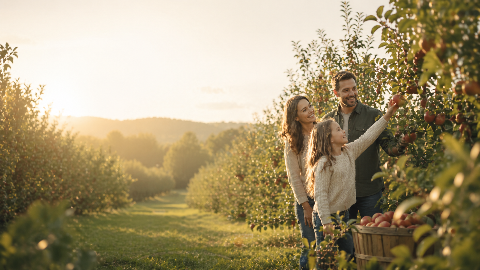 Visitors picking apples in warm orchard light