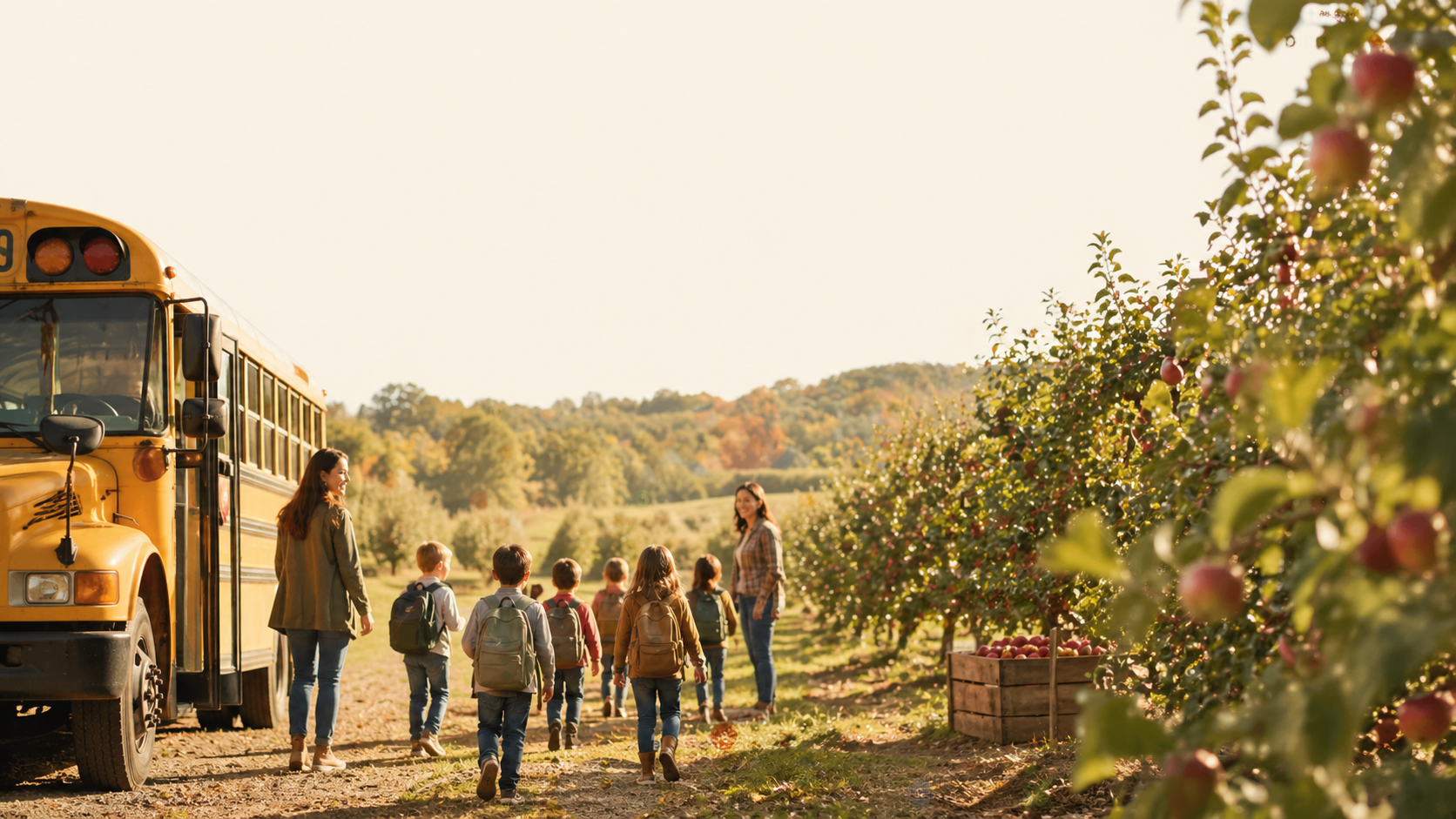 Students and families visiting the orchard