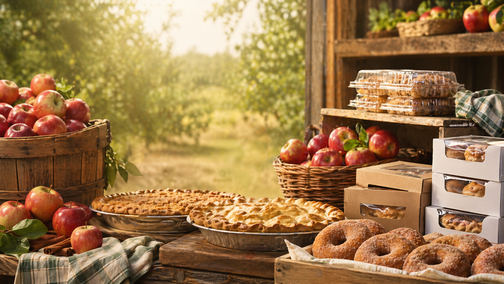Farm market table with apples and baked goods